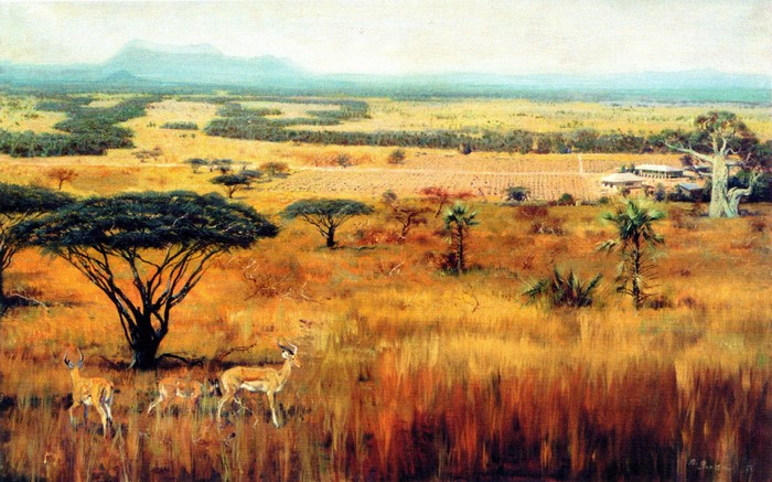 Savanna landscape with animals and buildings by Zdenek Burian