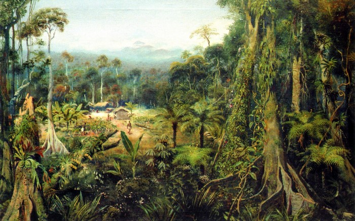 Tropical forest village with indigenous people and dense vegetation