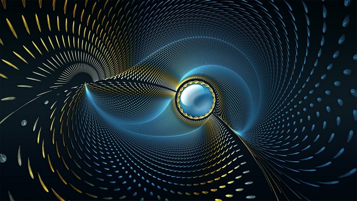 Abstract fractal art with blue and gold swirling patterns