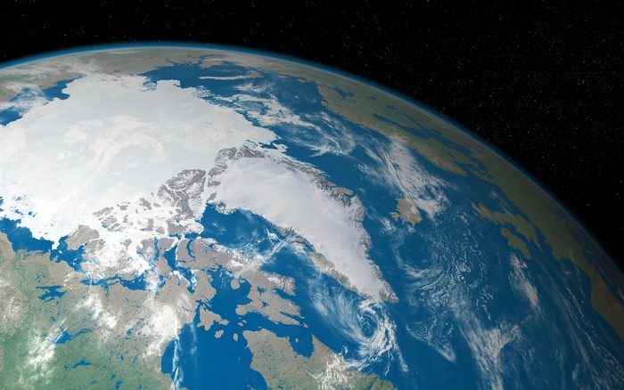 Earth from space showing Arctic region and Greenland