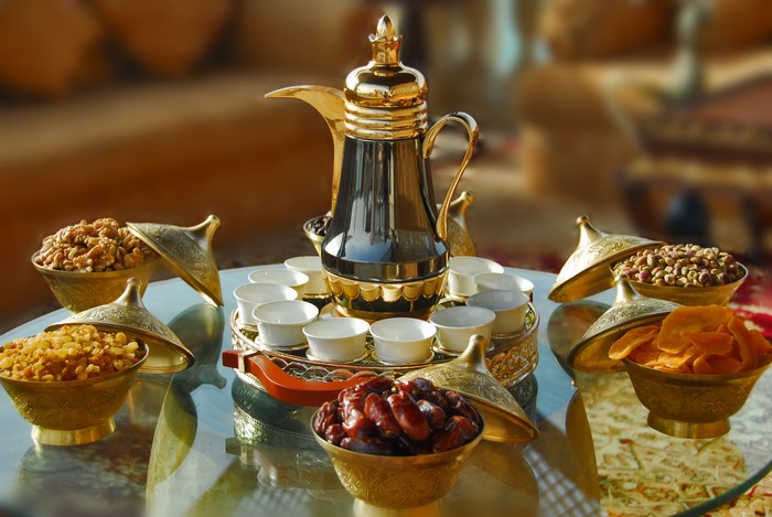 Arabic coffee set with nuts and dried fruits