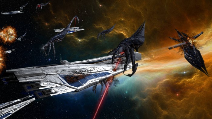 Mass Effect 3 battle scene with Reaper ships