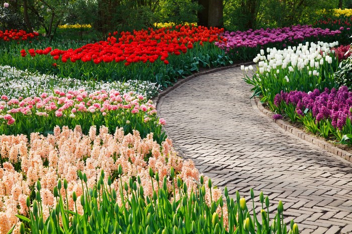 A winding brick path through a colorful flower garden