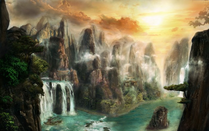 Fantasy mountains with waterfalls and ancient structures