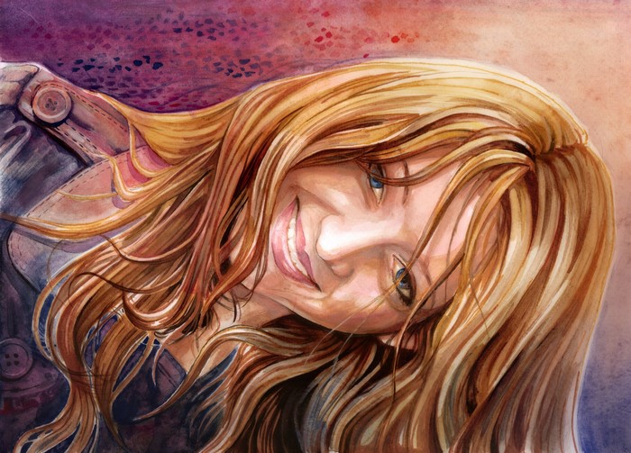 Watercolor painting of a smiling woman with blonde hair