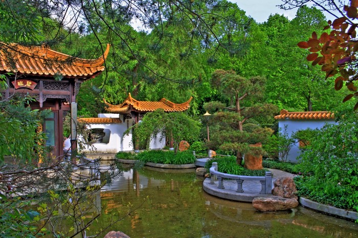 Chinese Garden with Pond and Pagodas in Munich, Germany