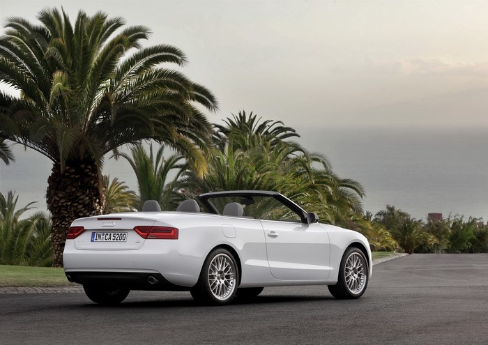 White Audi A5 Convertible parked near palm trees