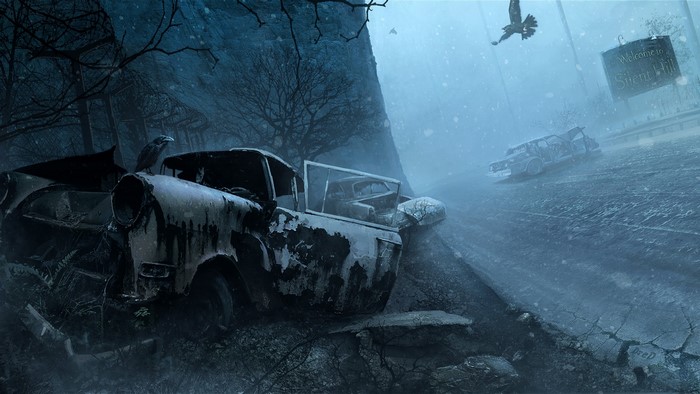 Silent Hill abandoned cars and crow