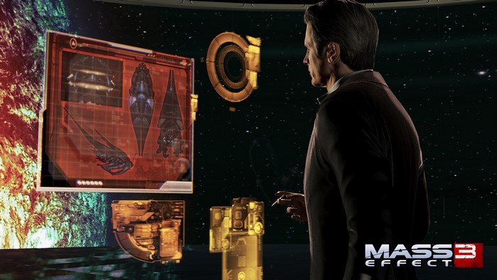 Man looking at holographic displays in Mass Effect 3