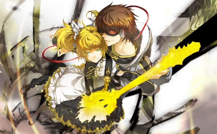 Vocaloid Rin Kagamine and Len Kagamine with a guitar