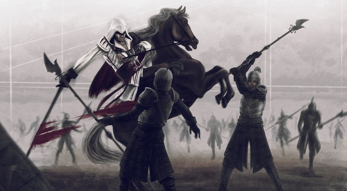 Ezio Auditore from Assassin's Creed in battle on horseback