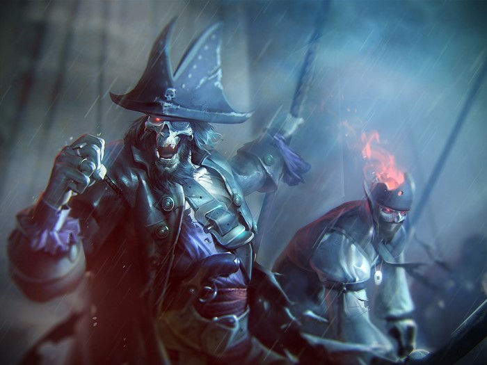 Skeleton pirates in a stormy sea battle