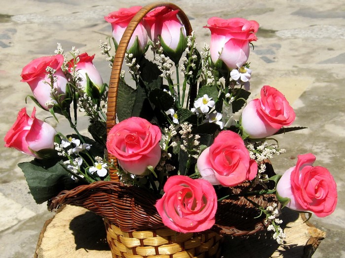 Basket of pink and white roses