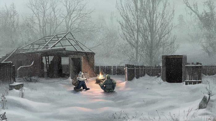Two people by a campfire in a snowy wasteland
