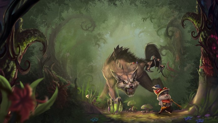 Warwick and Tristana from League of Legends in a forest