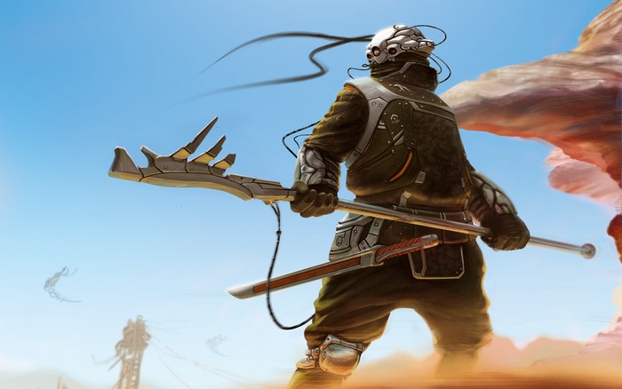 Cyberpunk warrior with futuristic weapon in desert