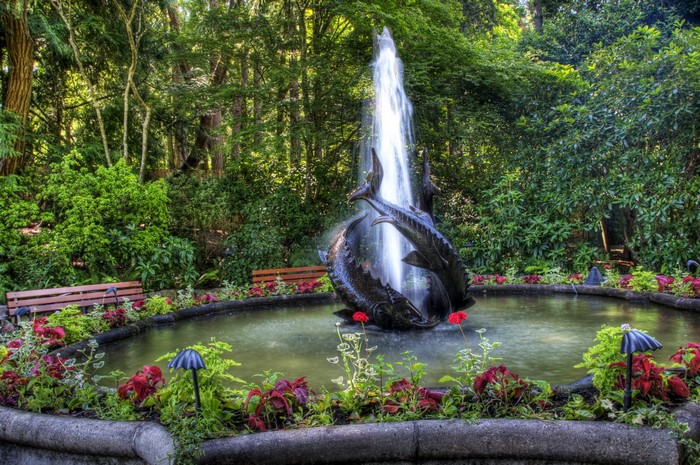 Fountain with fish sculptures in a garden