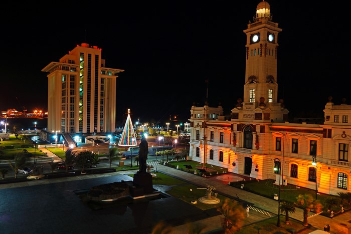 Veracruz City Hall and modern building at night