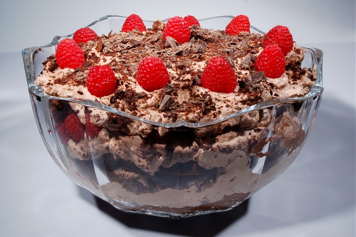 Chocolate raspberry trifle in a glass bowl