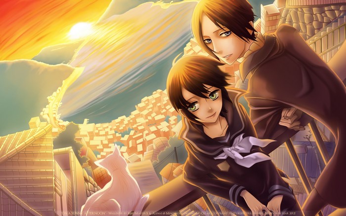 Two characters and a cat on a rooftop in Nabari