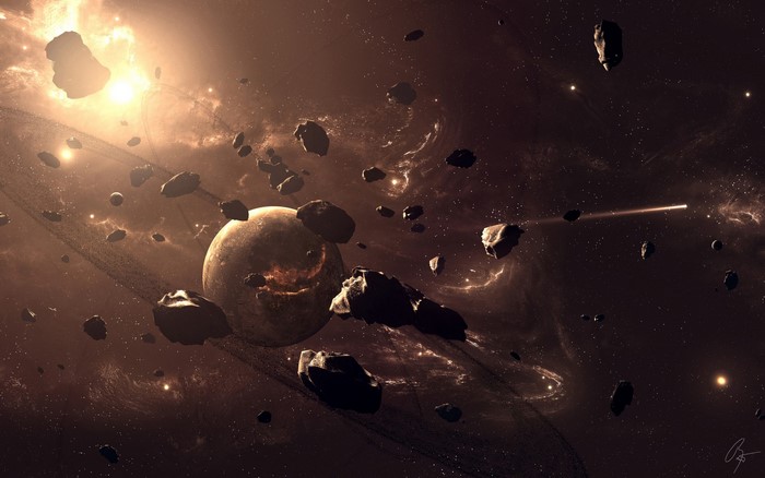 Asteroid field with a planet and a bright star