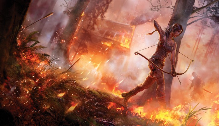 Lara Croft from Tomb Raider in a burning forest