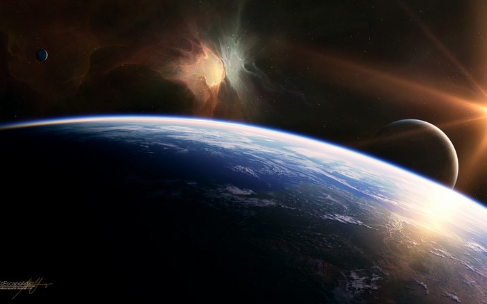 Earth and Moon in Space with Nebula and Sun
