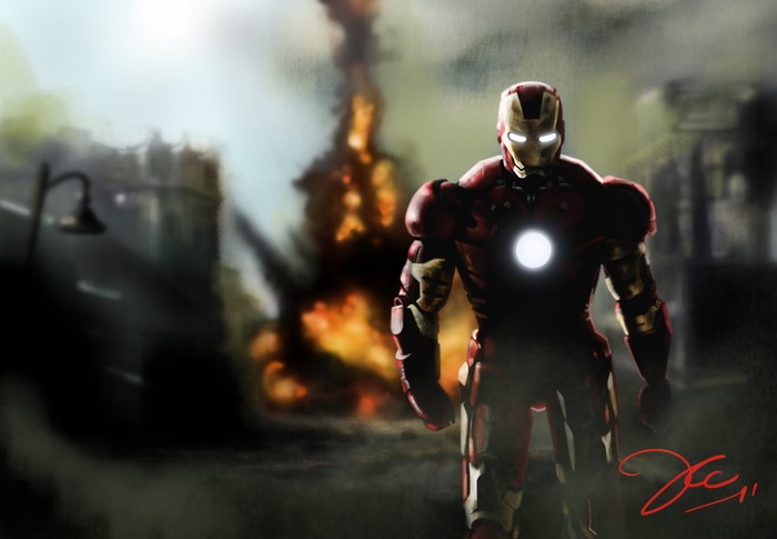 Iron Man in a burning city