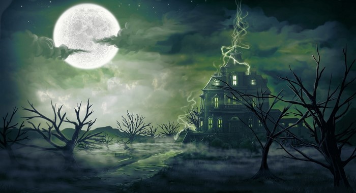 Haunted house with lightning under a full moon