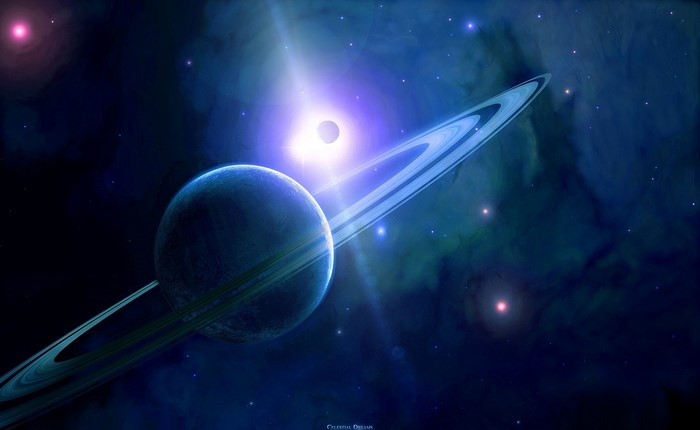 Planet with rings in space with stars and nebula