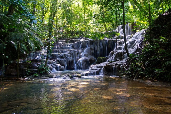 Tiered waterfalls in a lush green jungle