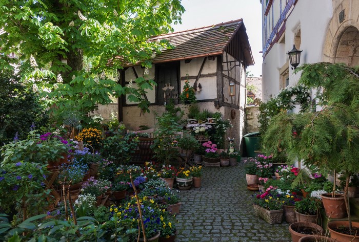 Half-timbered house with flowers in Germany