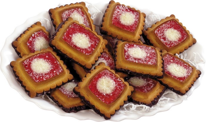 Square jam cookies with sugar on a plate