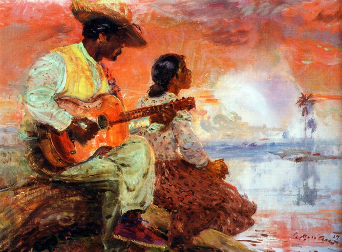 Man playing guitar with woman by the water at sunset