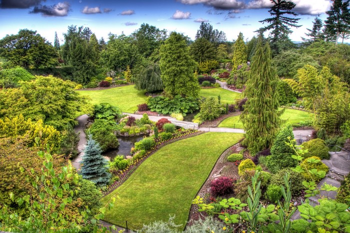 Beautiful botanical garden with winding paths and a pond