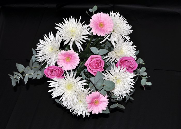 White chrysanthemums, pink gerberas, and pink roses bouquet
