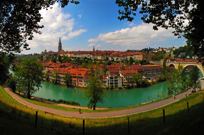 Bern, Switzerland cityscape with river and bridge
