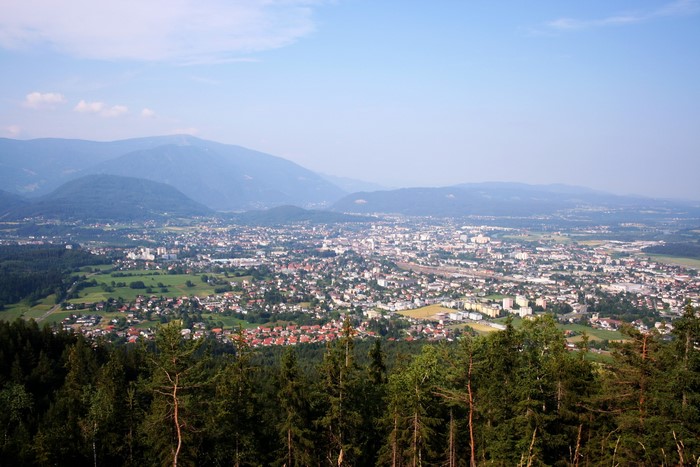 Villach, Austria cityscape from a forested hill