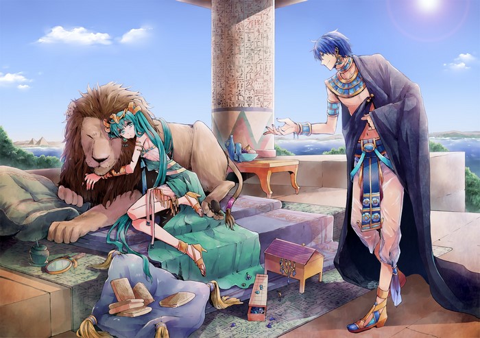 Hatsune Miku and Kaito in Egyptian attire with a lion