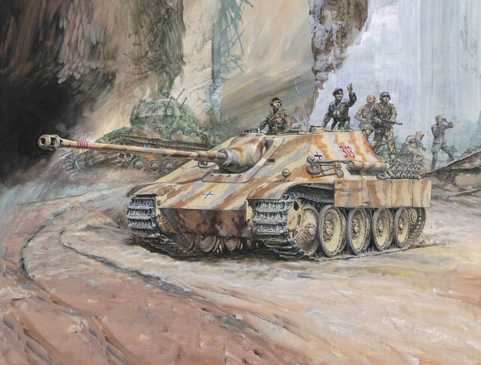 German Jagdpanther tank with soldiers in a rocky landscape