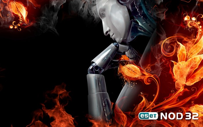 Robot contemplating amidst fire and smoke with ESET NOD32 logo