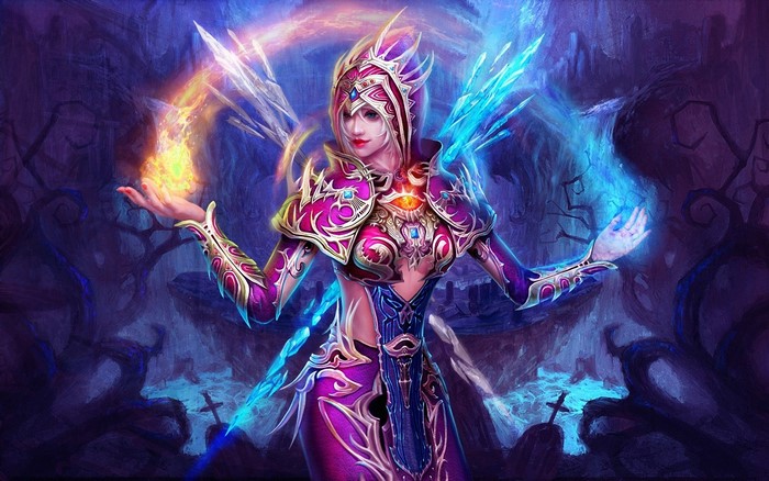Woman casting fire and ice magic in a graveyard