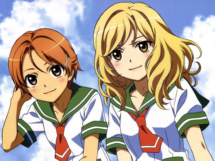 Two girls in school uniforms under a blue sky