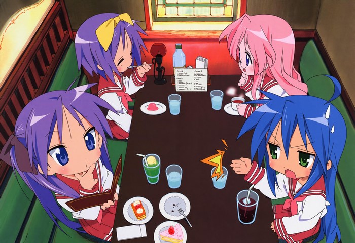 Lucky Star characters at a cafe