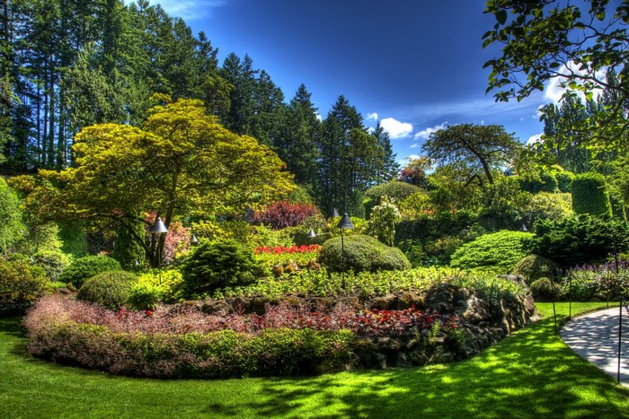 Beautifully manicured garden with colorful flowers and trees