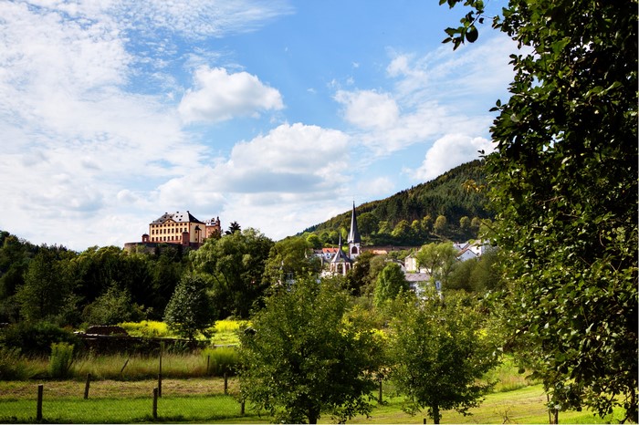 Castle and church in a German village