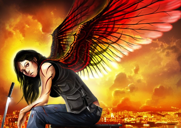 Woman with large red wings and sword