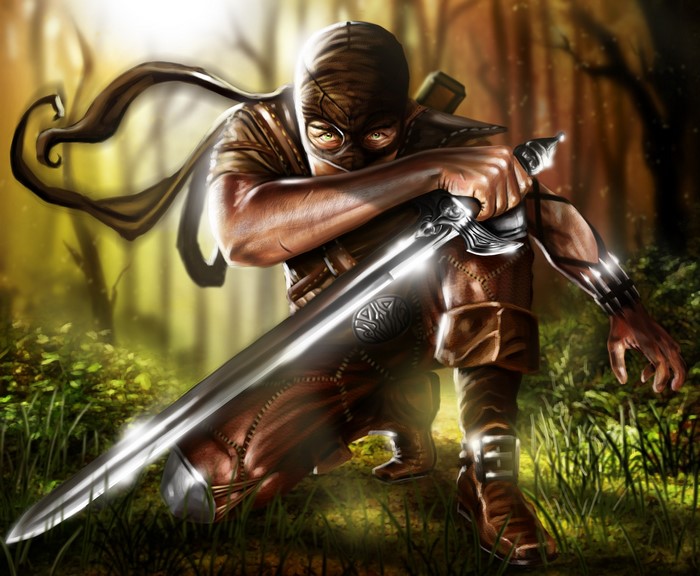 Warrior with sword in forest