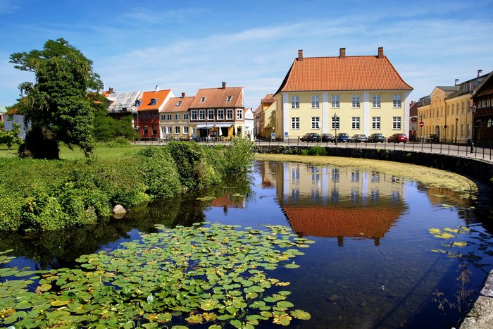 Town canal with lily pads and buildings in Denmark