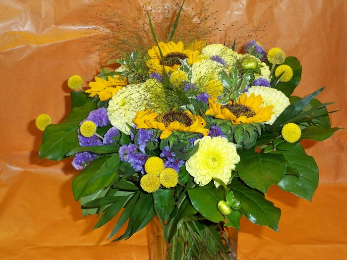 Bouquet of sunflowers, dahlias, and greenery